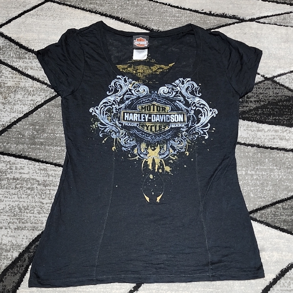 HARLEY DAVIDSON MOTORCYCLES BLACK FITTED SCOOP-NECK SHORT-SLEEVE TEE-SHIRT